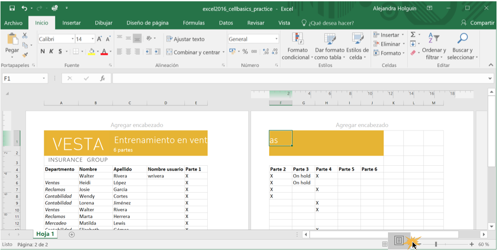Imagen ejemplo de la vista Diseño de página en Excel 2016.