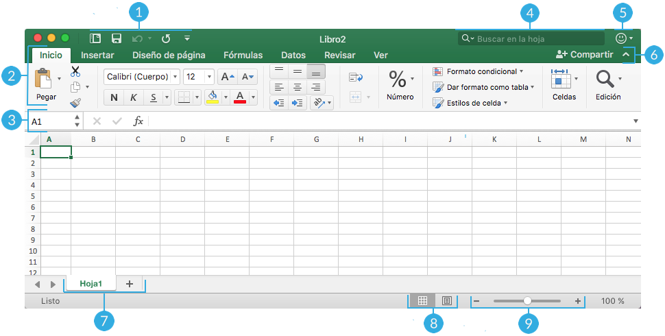 Imagen numerada de las partes de la interfaz de Microsoft Excel para macOS.