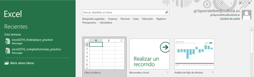 Imagen ejemplo de cómo abrir o crear un archivo en Excel al abrir el programa.