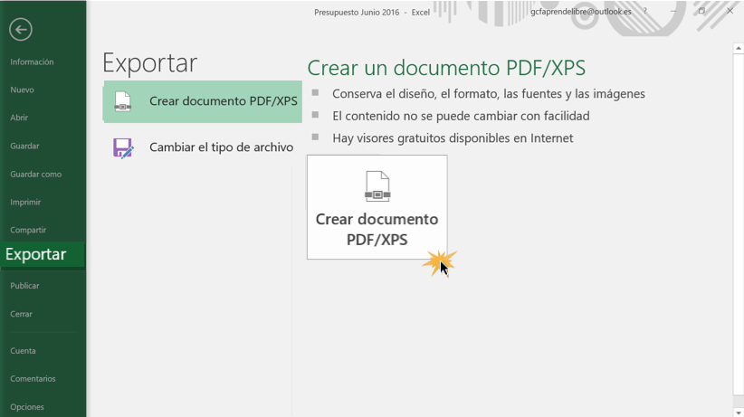 Imagen ejemplo del panel Exportar y la opción Crear documento en PDF/XPS.