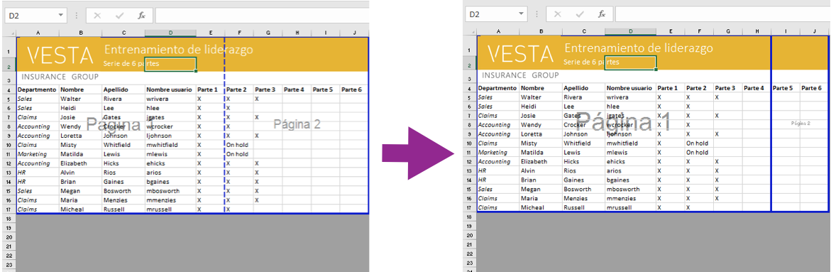 Imagen ejemplo de cómo cambiar los saltos de página en Excel 2016. 