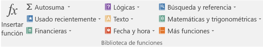 Imagen ejemplo de las categorías de funciones de Excel 2016. 