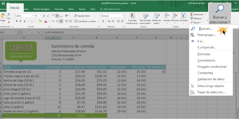 Imagen ejemplo del comando Buscar y seleccionar, y la opción Buscar.