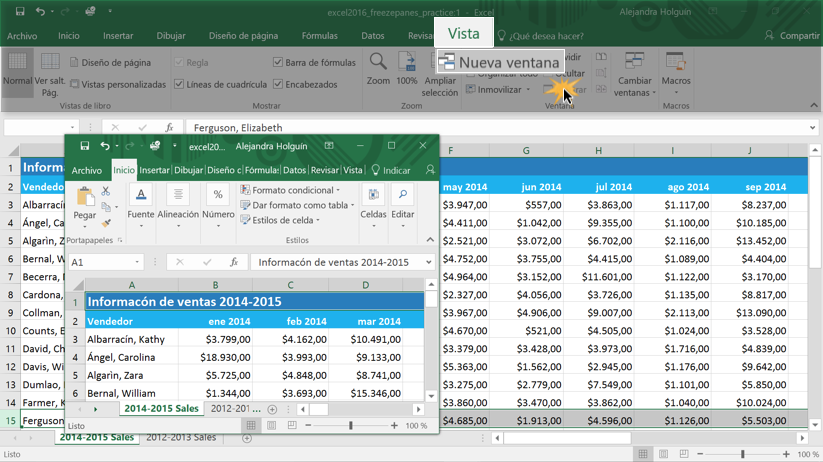 Imagen ejemplo de cómo crear una nueva ventana en Excel 2016.