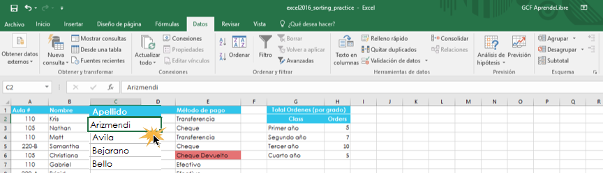Imagen ejemplo de seleccionar una celda para organizar una hoja de cálculo.