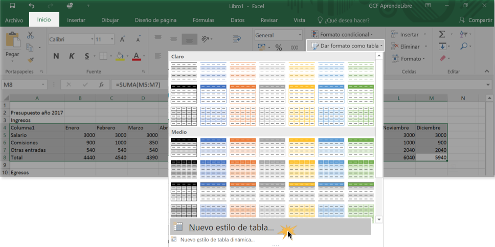 Imagen ejemplo de la opción Nuevo estilo de tabla.