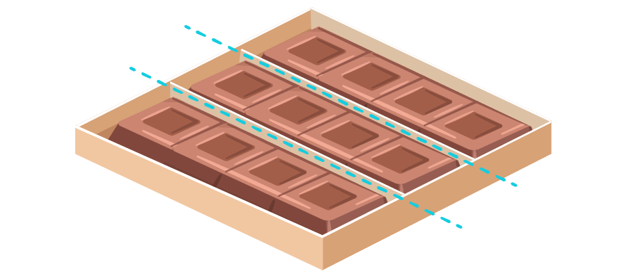 Una caja de doce postres dividida en tres partes iguales.