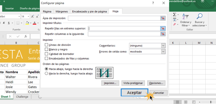 Imagen ejemplo del cuadro de diálogo de Configurar página y el botón Aceptar.