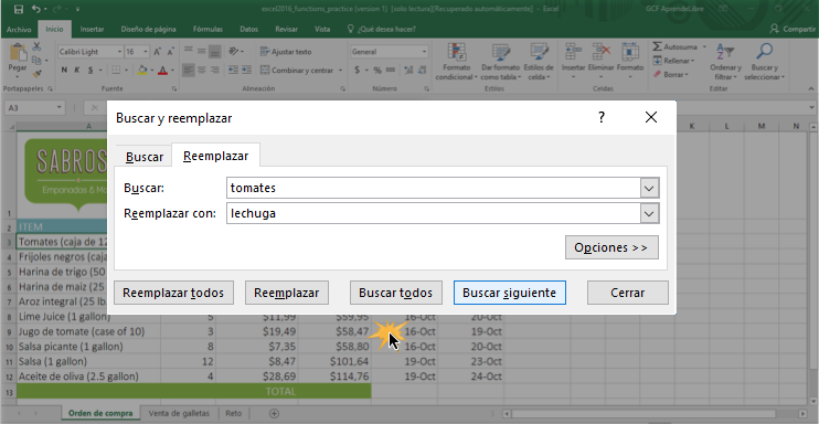 Imagen ejemplo del cuadro de diálogo al reemplazar contenido en Excel.