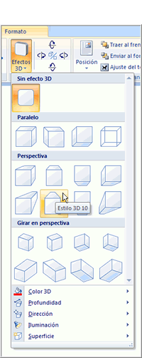 Imagen ejemplo de los comandos Efectos 3D y su menú desplegable.