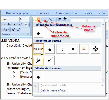 Imagen ejemplo de los comandos Viñetas y Numeración.