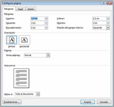 Imagen ejemplo de cuadro de diálogo Configurar márgenes.