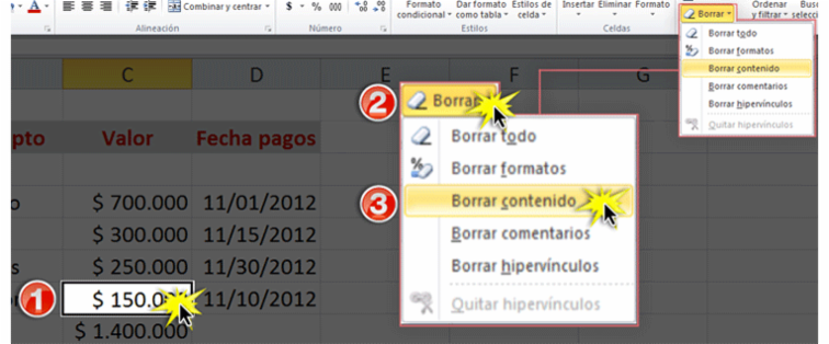 Imagen de los pasos para borrar el contenido de una celda en Excel 2010