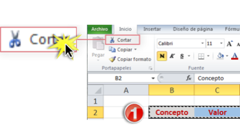 Imagen del comando Cortar en la Cinta de opciones de Excel 2010.
