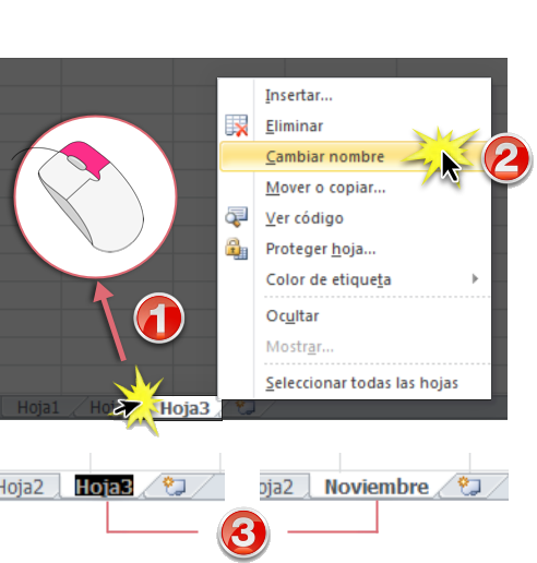 Imagen ejemplo de los primeros tres pasos para cambiar el nombre de las hojas de cálculo en Excel 2010.