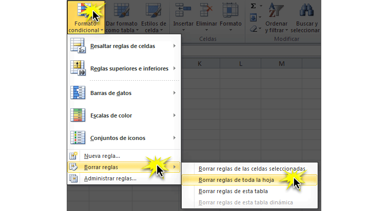 Imagen ejemplo de cómo quitar reglas de formato condicional en Excel 2010.