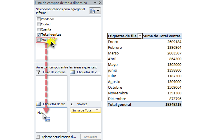 Imagen ejemplo de los pasos 2 y 3 para cambiar datos en una tabla dinámica de Excel 2010.
