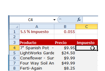 Imagen ejemplo de los dos primeros pasos para crear una fórmula con referencia absoluta en excel 2010.