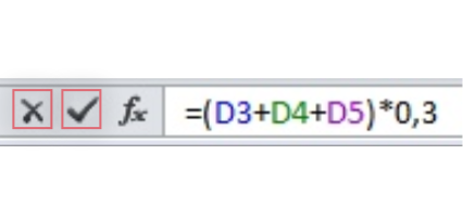 Imagen de los botones Cancelar y Aceptar en la barra de fórmulas en Excel 2010.