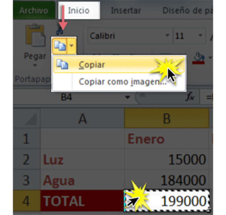 Imagen ejemplo del comando Copiar en la cinta de opciones de Excel 2010.