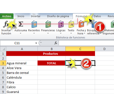 Imagen ejemplo de la pestaña Fórmulas y el comando Insertar Función en Excel 2010.