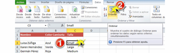 Imagen de los dos primeros pasos de cómo ordenar datos por criterios personalizados en Excel 2010.