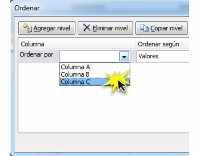 Imagen ejemplo del cuadro de diálogo Ordenar en Excel 2010.