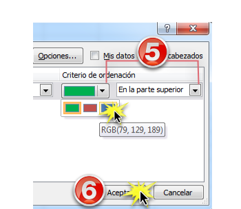 Imagen de los pasos 5 y 6 de cómo ordenar datos por color de fuente en Excel 2010.