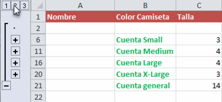 Imagen ejemplo de una hoja de calculo con el nivel intermedio seleccionado al trabajar con datos ya organizados en Excel 2010.