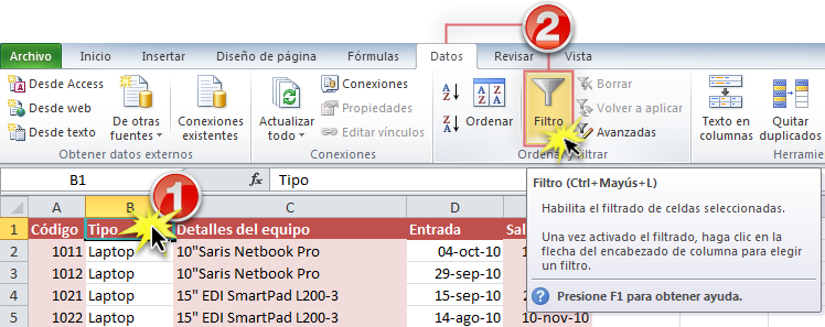 Imagen ejemplo del comando Filtro en la pestaña Datos de Excel 2010.