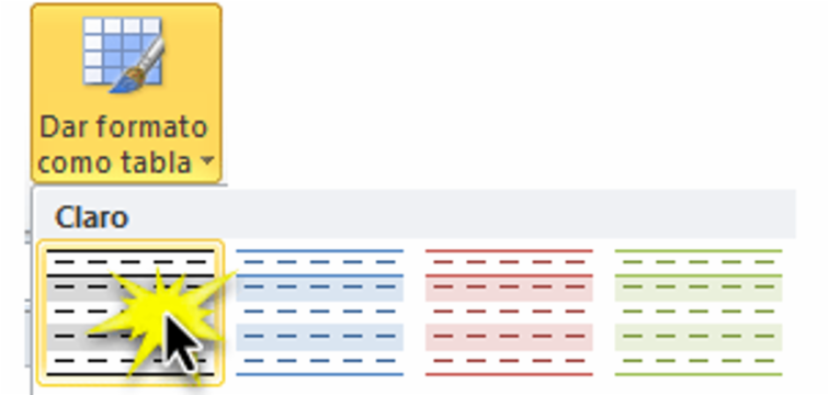 Imagen ejemplo de los estilos de tabla predefinidos en Excel 2010.