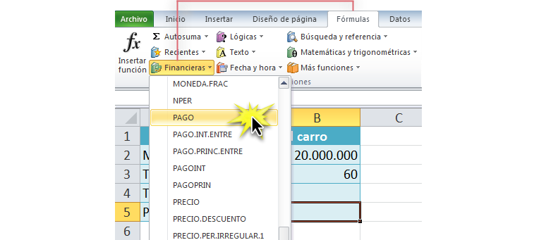 Imagen ejemplo de la función Pago en el menú desplegable de la categoría Financieras en Excel 2010.