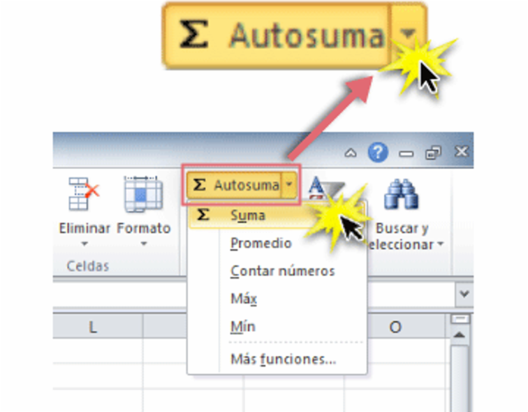 Imagen ejemplo del Comando Autosuma y la función Suma en Excel 2010.