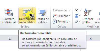 imagen ejemplo del comando Dar formato como tabla en la pestaña de Inicio de Excel 2010.