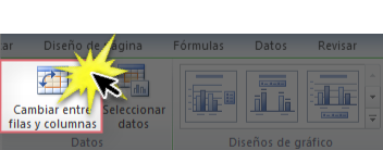 Imagen ejemplo del comando Cambiar entre columnas en la pestaña DIseño de Excel 2010.