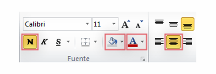 Imagen de las herramientas de formato de texto. Botones Negrilla, Fondo, Color de fuente y Centrar texto seleccionados.