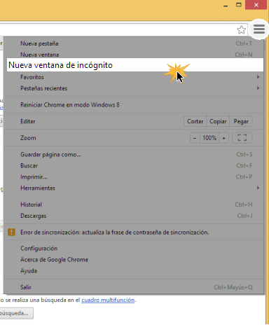 Vista de la opción Nueva ventana de incognito en el menú de configuración