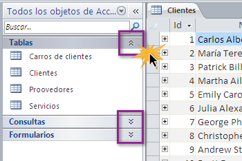 Botones para minimizar los grupos del panel de navegación de access 2010.