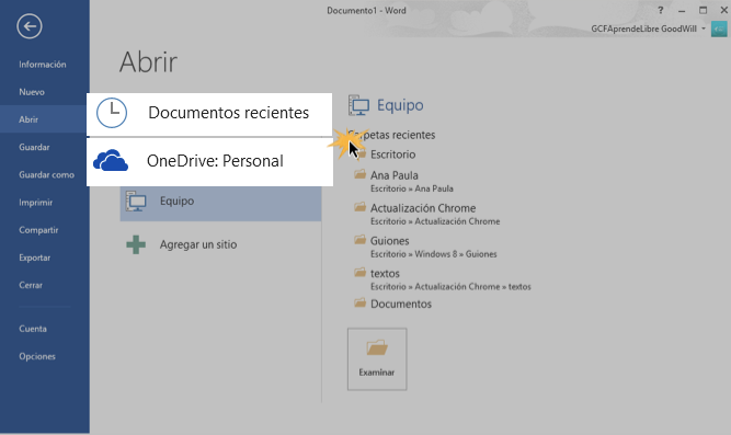 Vista de las opciones Documentos Recientes y OneDrive.