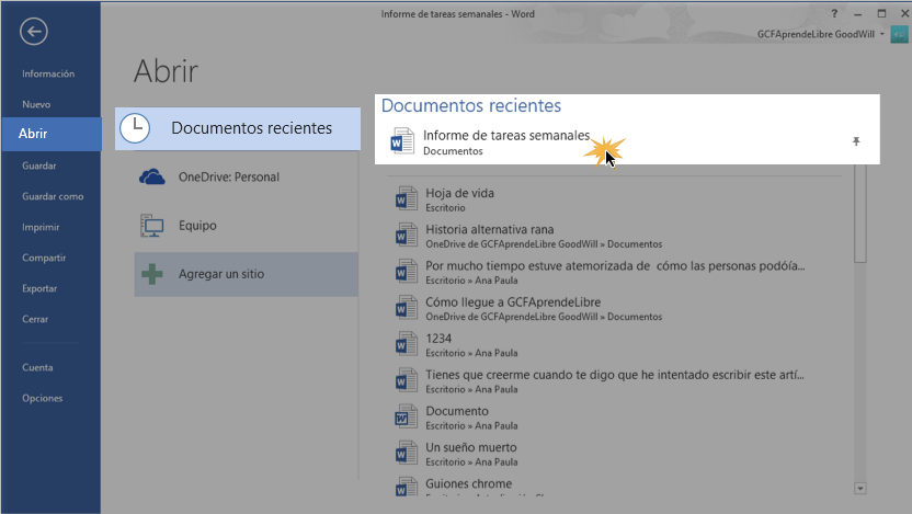 Imagen de pasos para acceder a un documento anclado en Word 2013.