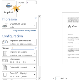 Vista de cómo imprimir un archivo en Word 2013.