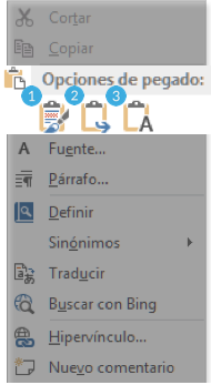 Vista de las opciones de pegado en el menú que se abre al hacer clic con el botón secundario ratón.