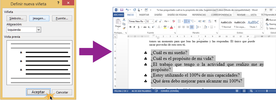 Vista del paso 6 y el resultado final para seleccionar un símbolo como viñeta en Word 2013.