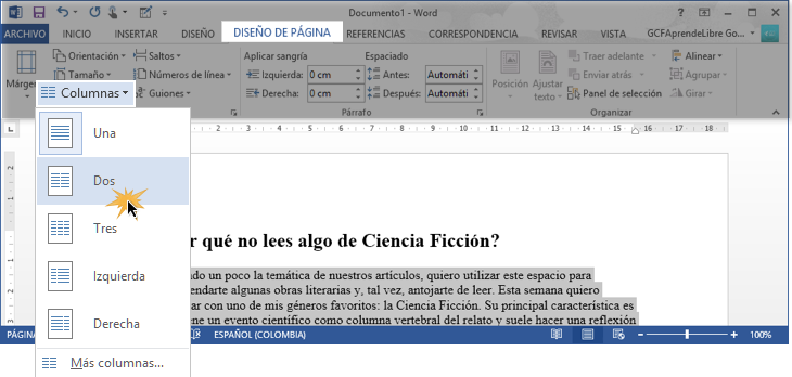 Vista de los pasos 1, 2 y 3 de cómo crear un documento con columnas en Word 2013.