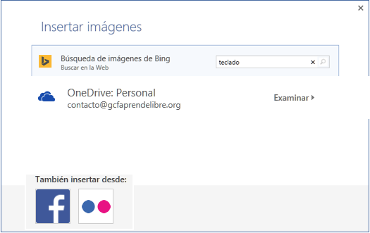 Vista de opciones para insertar una imagen desde Facebook o Flickr.