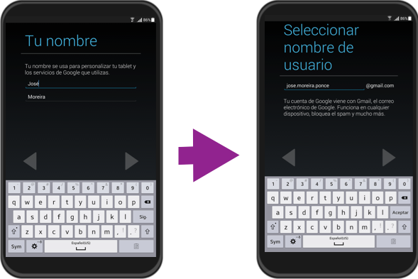 Vista del paso 5 y 6 de la configuración inicial de un equipo con sistema operativo Android.