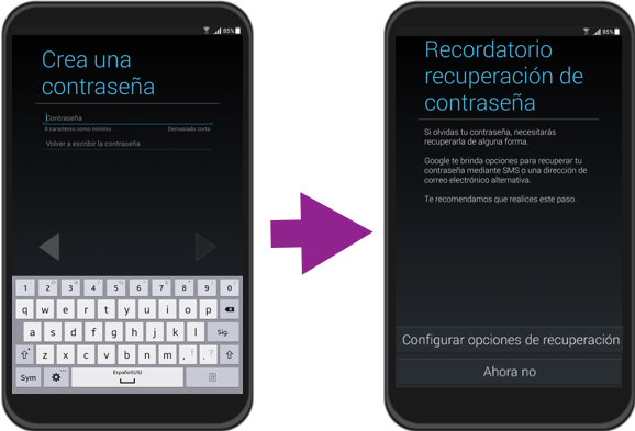 Vista del paso 7 y 8 de la configuración inicial de un equipo con sistema operativo Android.