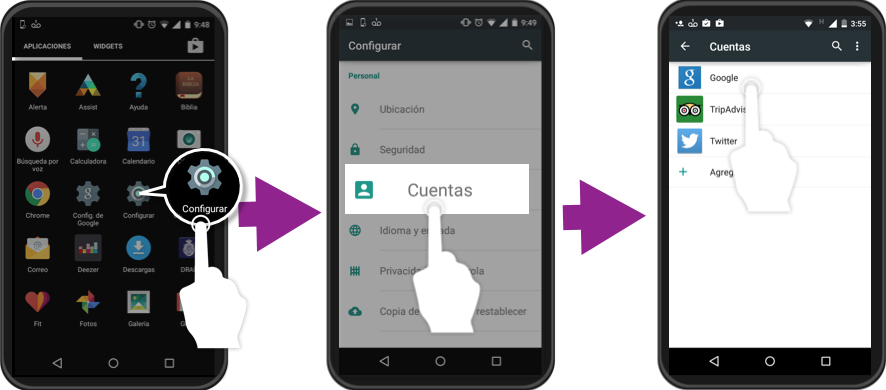 Vista de los primeros 3 pasos para eliminar una cuenta de un teléfono con SO Android.