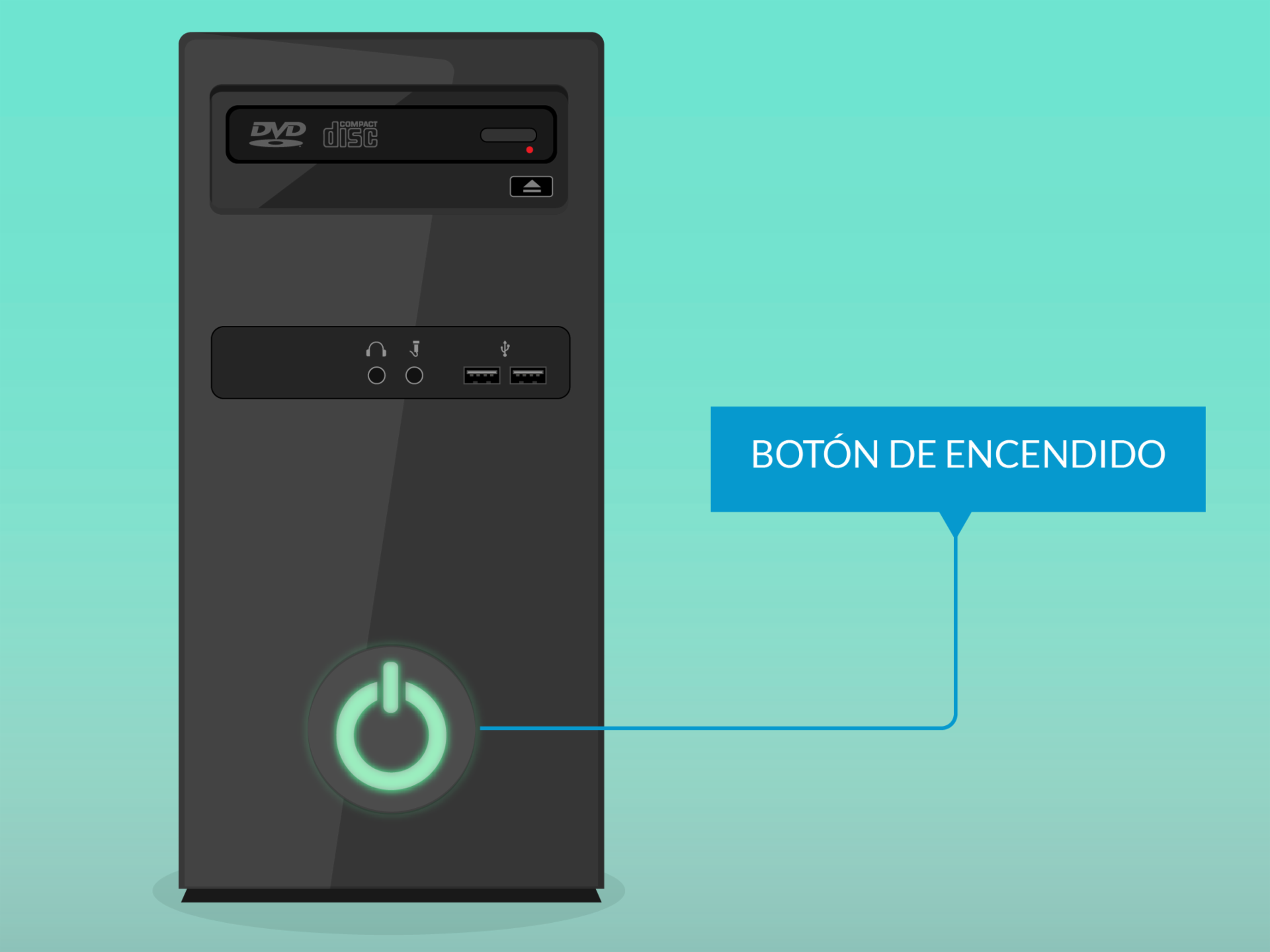 Botón de encendido de la torre en un computador de escritorio.