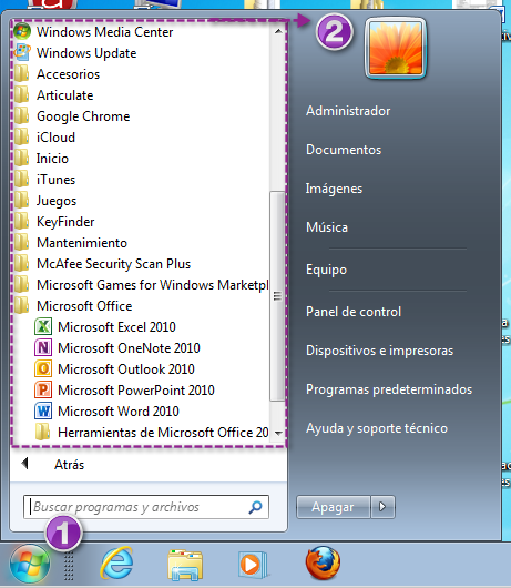 Botón de inicio y menú de programas en Windows